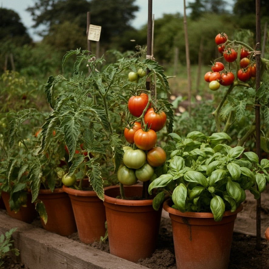 Tomato plants in pots with ripe and unripe tomatoes in a garden setting.