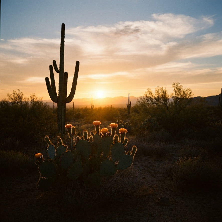 Cactus with flowers at sunset in a desert landscape