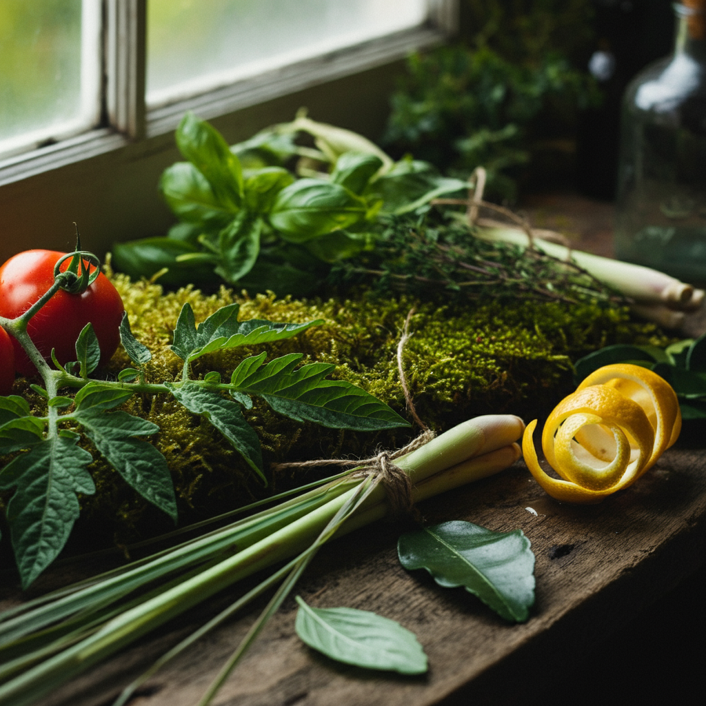 Herbs and vegetables on a wooden surface with a window in the background