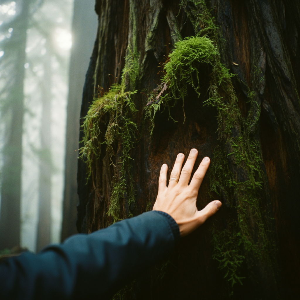 Hand touching a moss-covered tree trunk in a forest