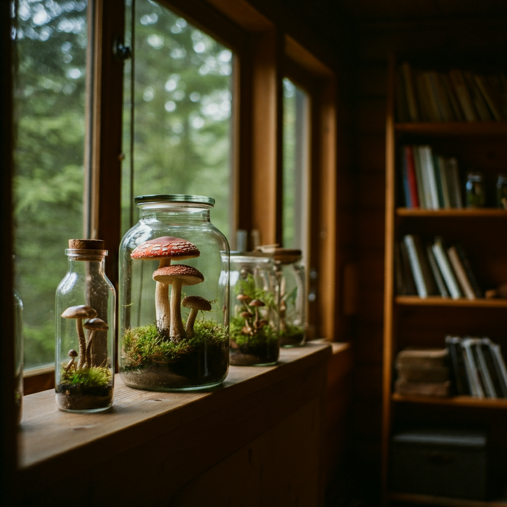Glass jars with decorative mushrooms on a windowsill with a bookshelf in the background.
