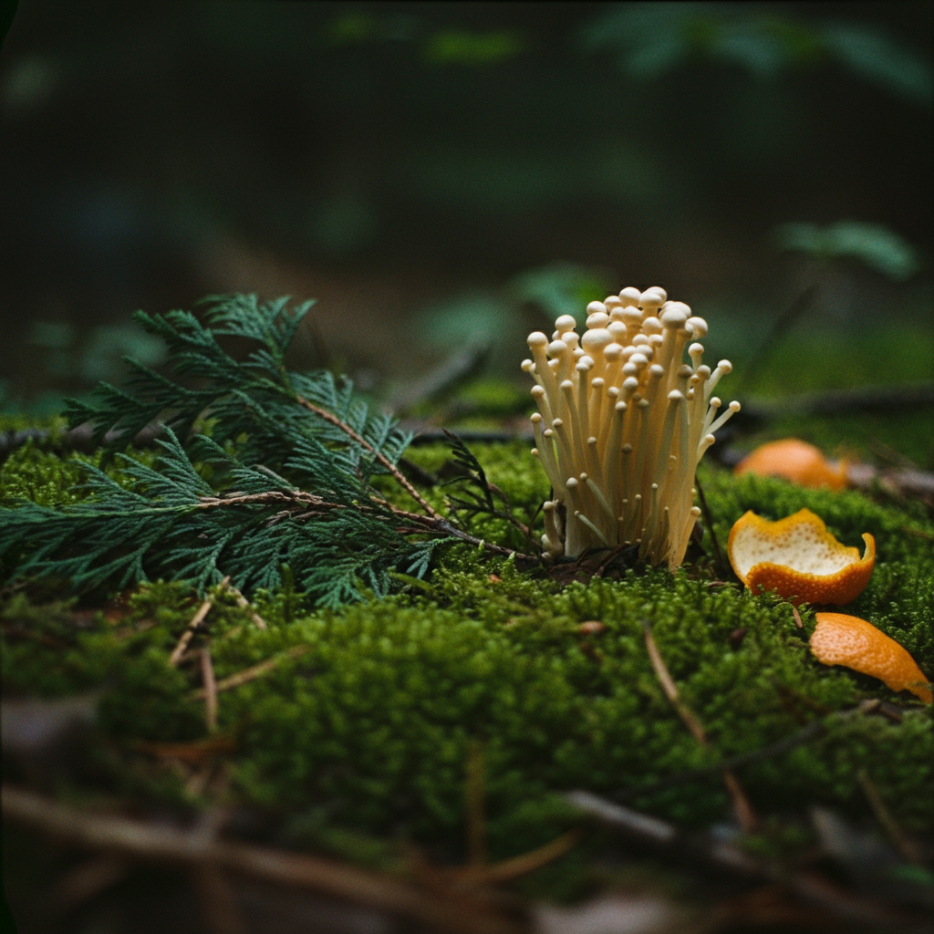 Fungus growing on a mossy surface with green leaves and orange peels in the background