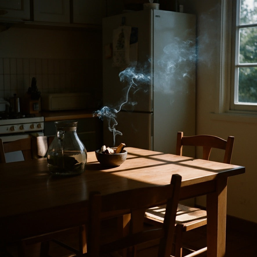 Dining table with chairs in a kitchen, smoke rising from a bowl
