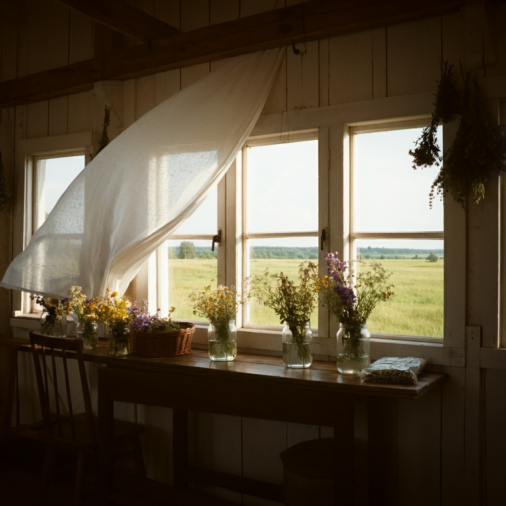 Window with sheer curtains and floral arrangements in a room with a view of a field.