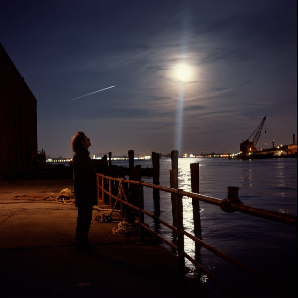 Person standing on a dock looking up at a bright light in the sky over water.