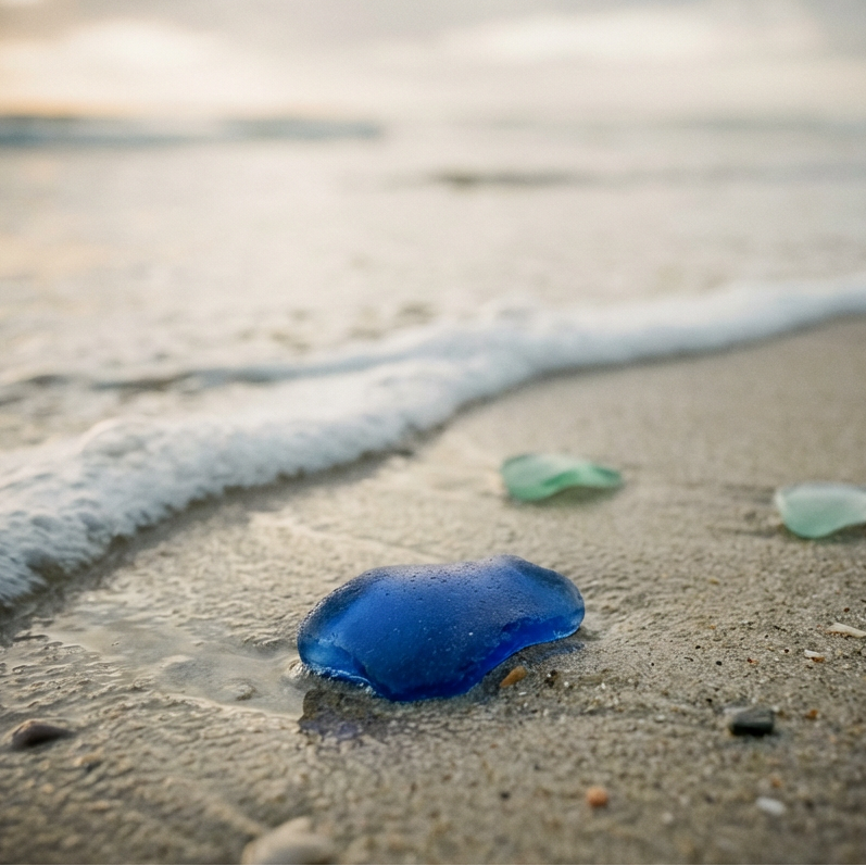 Blue sea glass on a sandy beach with waves in the background
