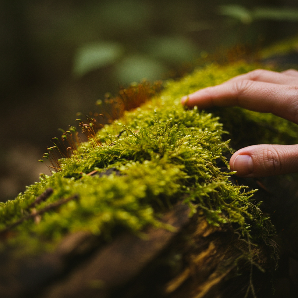 Hand touching green moss on a wooden surface with a blurred natural background