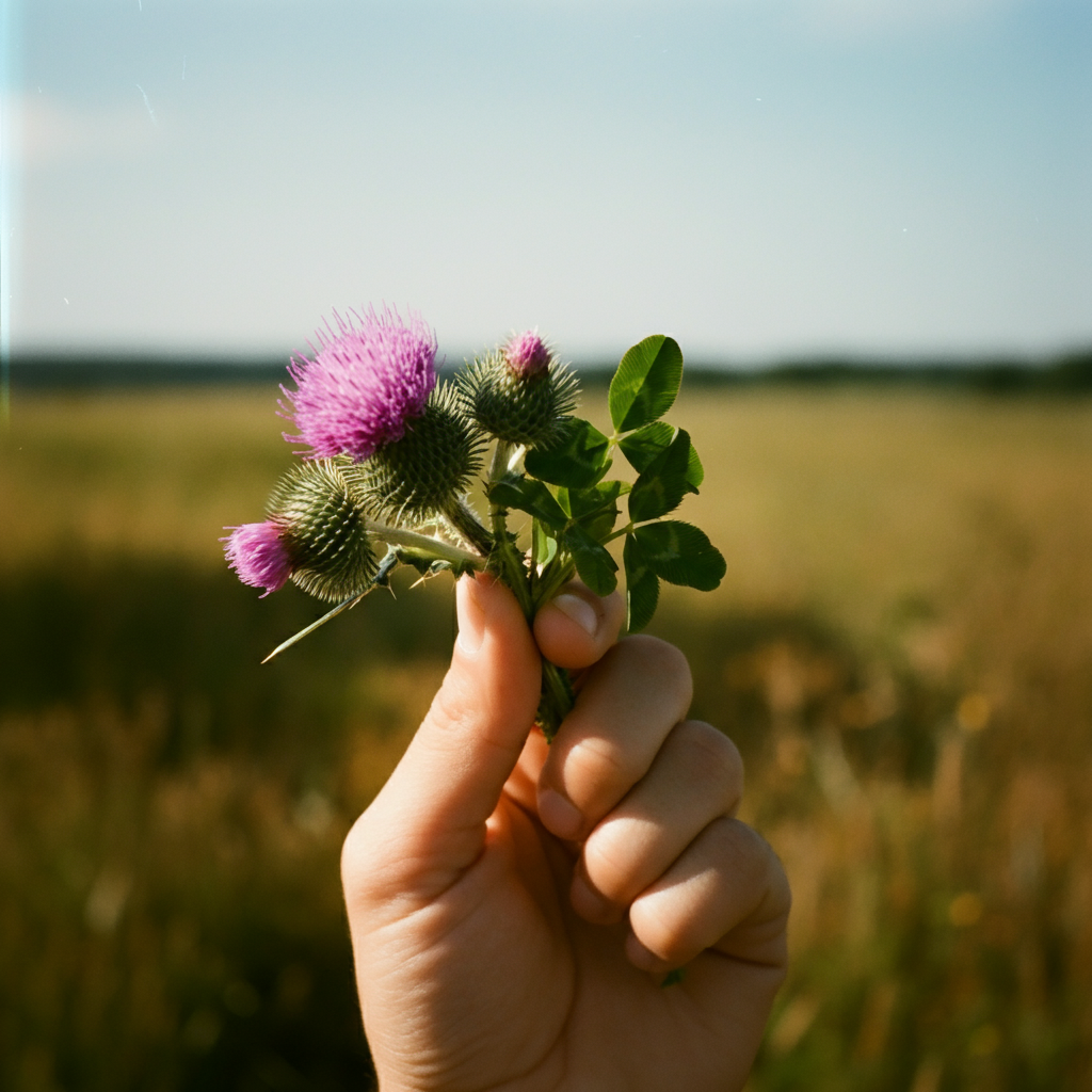 Hand holding a small bouquet of purple flowers against a blurred natural background
