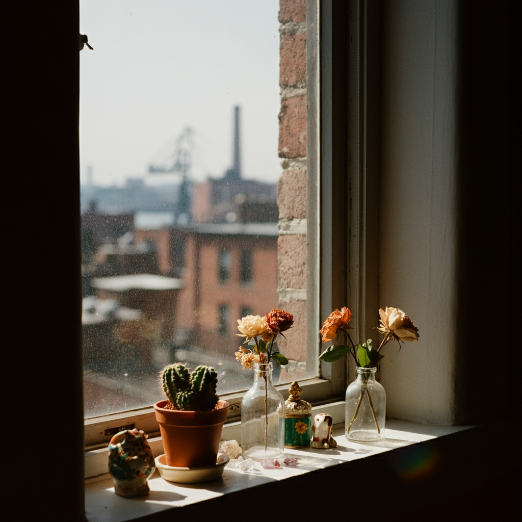 Window sill with potted plants and vases, view of urban landscape outside